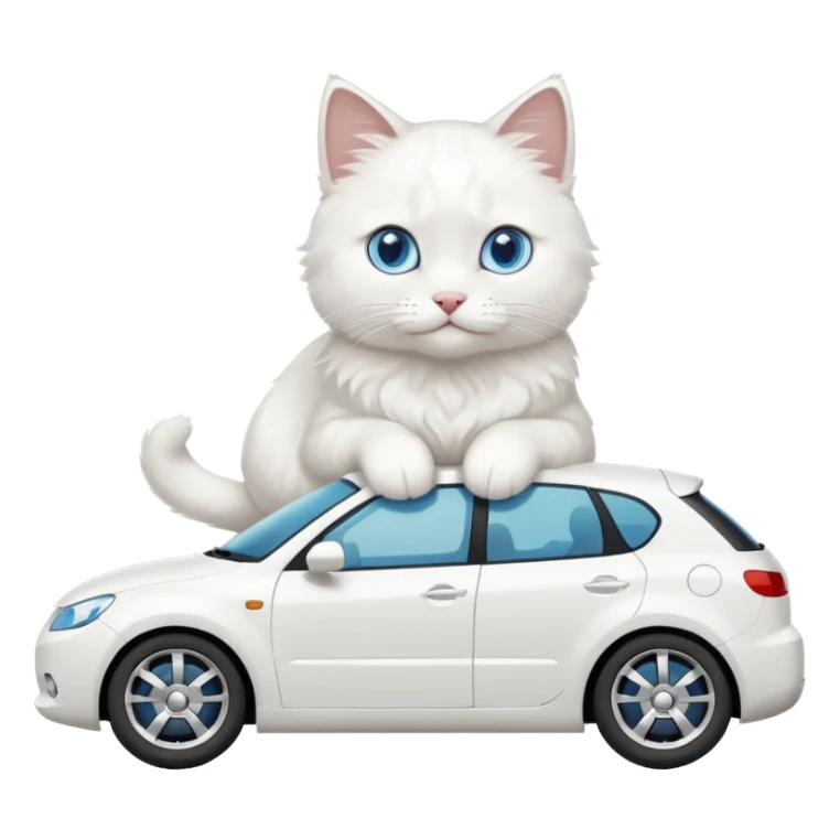 Please create a small emoji the size of 🚗 featuring a pure white cat with blue eyes on a white car side angle. sticker