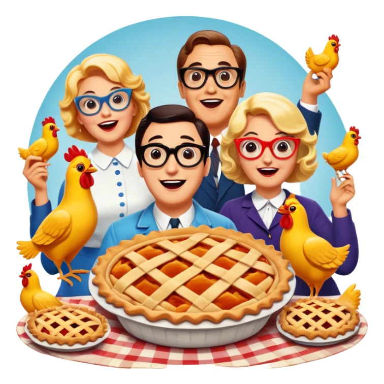 A vintage movie poster-style design featuring a playful, humorous scene with exaggerated characters. Include bright colors, clumsy actions, and classic comedy props like pies, rubber chickens, and oversized glasses. Retro cinematic vibe with a cheerful atmosphere. Transparent background. sticker