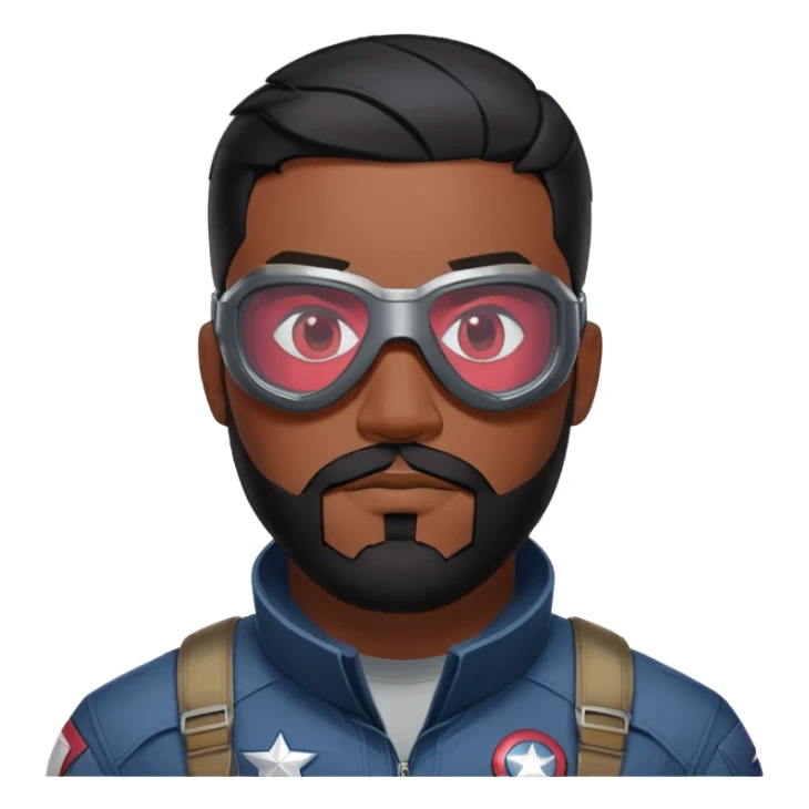 sam wilson with  short, neatly cropped black hair and a well-groomed beard that connects to his mustache,  wear sleek, red-tinted tactical goggles fit snugly from captain america: civil war sticker