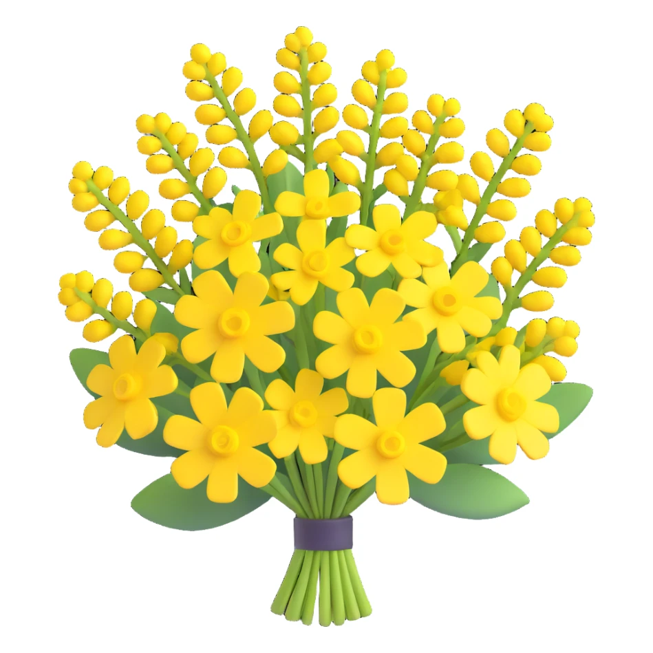 Remove the frame from the image and arrange the yellow yarrow flowers into a bouquet, maintaining the same 3D iOS cartoon style. The bouquet should have no faces or smiles, just the flowers arranged nicely. sticker