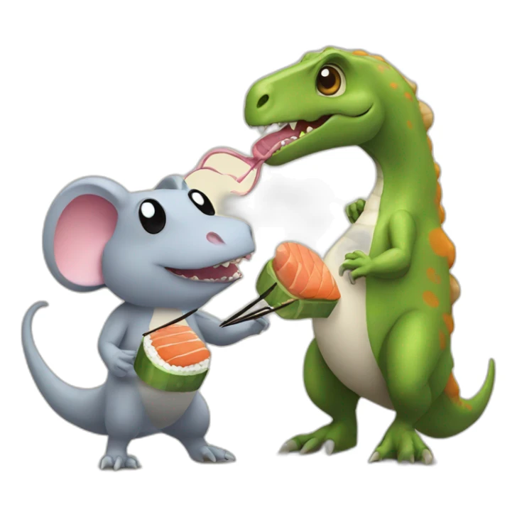 dinosaur and a rat eating sushi together sticker