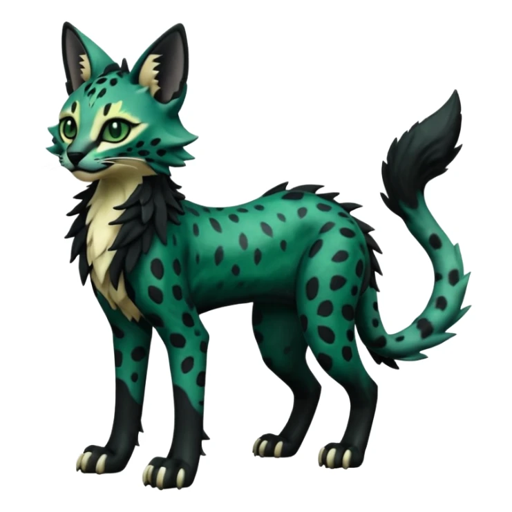 Epic complex knightly divine glorious futuristic detailed dark dusky gloomy deep gothic dark-deep-green, black, realistic Fakémon-Sprigatito-Floragato-Meowscarada-Trico-Sergal-Serval-Vernid-creature (full body) sticker