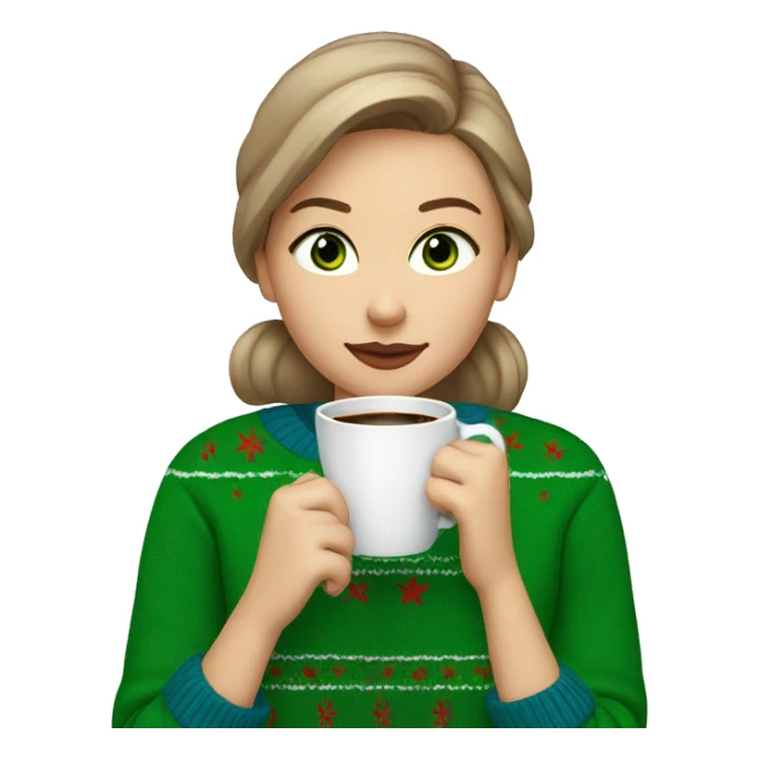 Light brown short haired girl with green eyes drinking coffee wearing blue Christmas sweater sticker