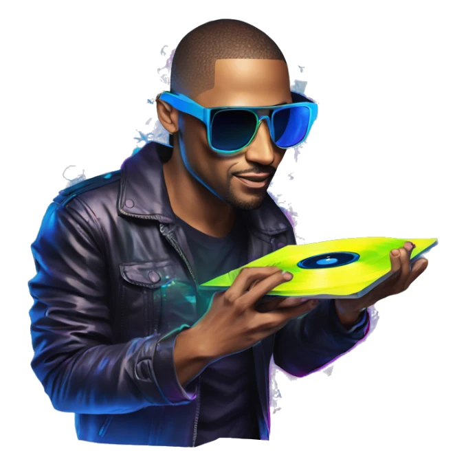 A dj wearing sunglasses playing music holding a cd record record, vinyl, oilslick holographic blacklight inverted graffiti dark dull sticker