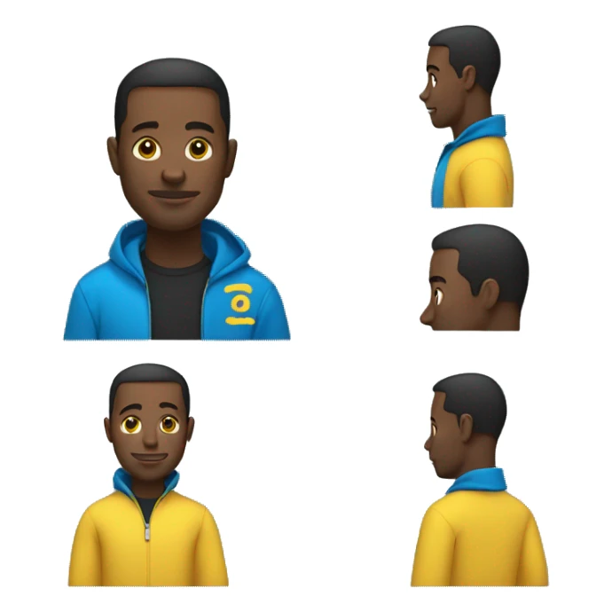 A black man with a blue zip-up sweater with a yellow logo that says "csee" on it sticker