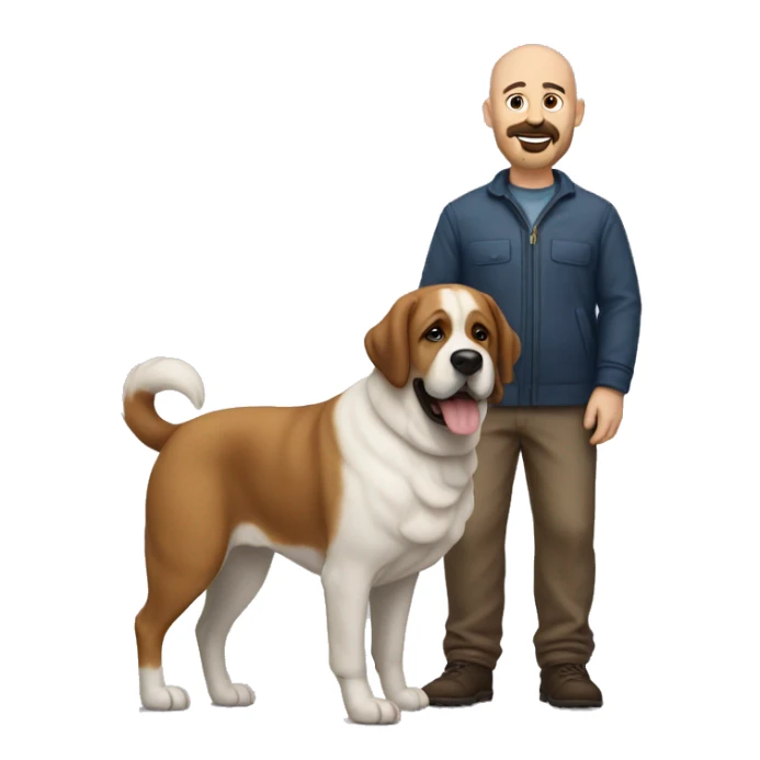 A 50 year old bald man with a short beard and his big Saint Bernard dog sticker