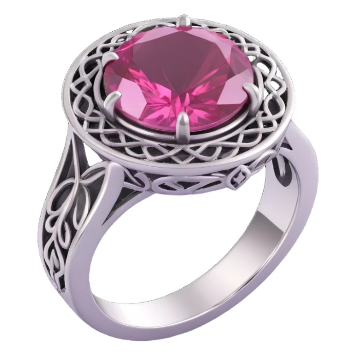 realistic 3D gothic ring with silver and pink gemstone, minimal and elegant sticker