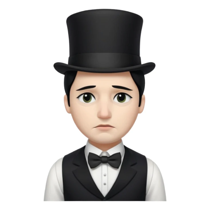 A man with snow white skin, a black half mask with an eye hole, a black top hat, a black vest with a black tie tucked underneath, and a white collared shirt. A frown, and closed eyes. sticker