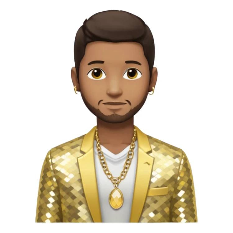 Usher with dark brown hair, pale yellow sequin jacket, shirtless with necklace  sticker
