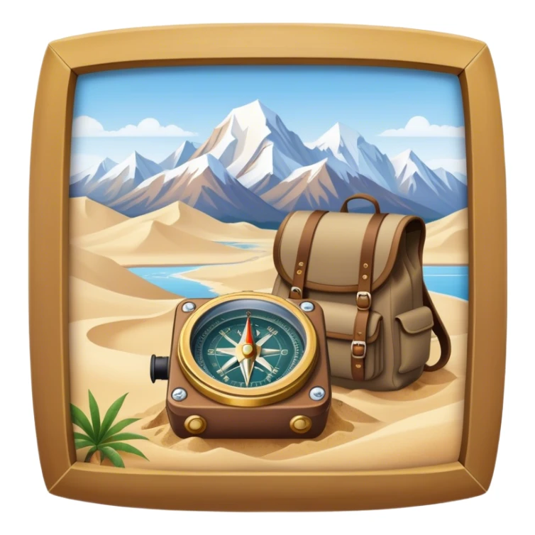 Icon for Expeditions: a compass, a map, a backpack and a rugged expedition jeep, set against a backdrop of snowy mountains, sand dunes and tropical islands. The icon should capture the spirit of adventure and exploration in diverse landscapes. Transparent background. sticker