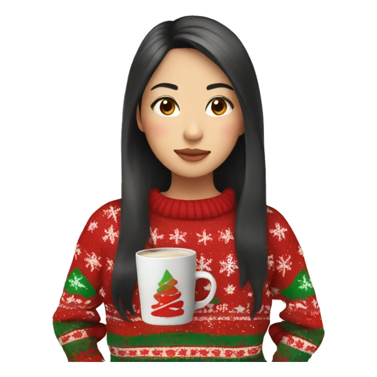 asian girl drinking coffee wearing Christmas sweater sticker