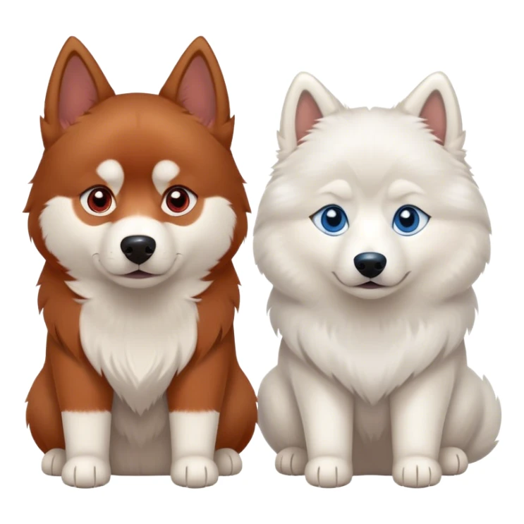 two dogs sitting side by side: a red siberian husky with blue eyes, and a white samoyed with brown eyes sticker