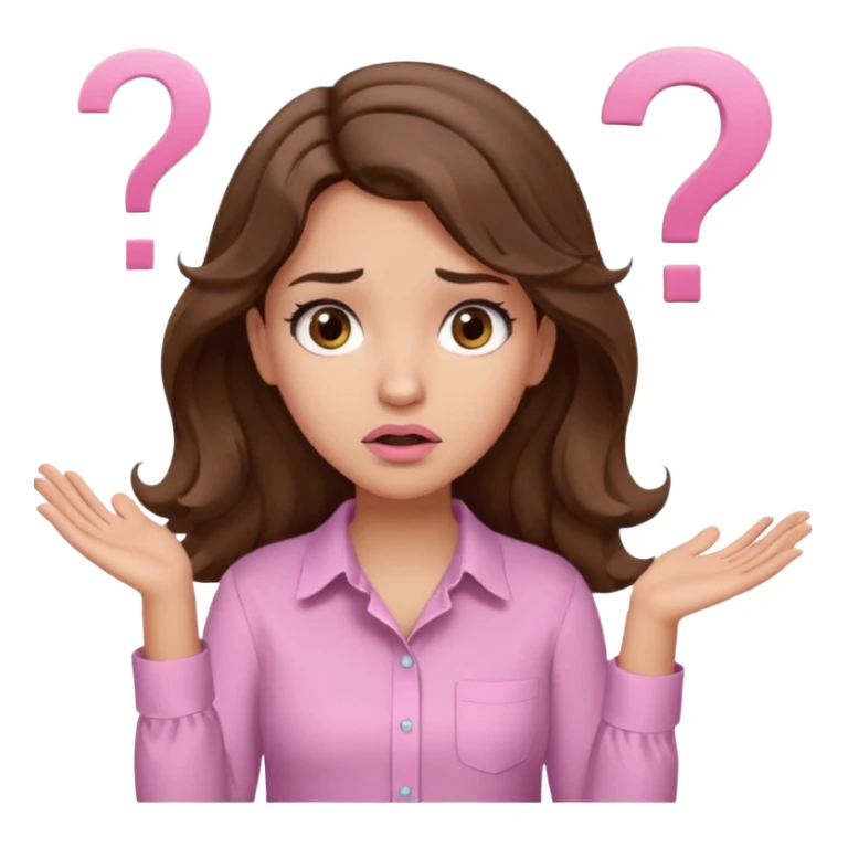 girl with wavy long brown hair, brown eyes, light to medium complexion, long lashes, light pink lipstick, wearing light pink shirt, shrugging with both hands, confused, question mark sticker