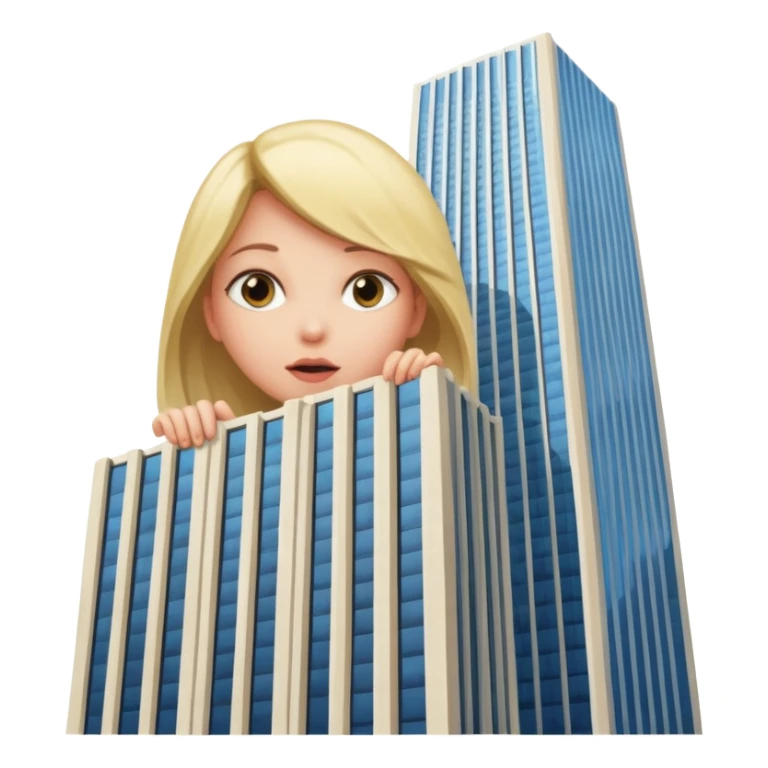a giantess playing peekaboo peeking out from behind a skyscraper that obscures her to the viewer sticker