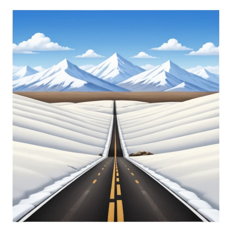 A long straight dirt road that disappears into the horizon half way up the screen from the perspective of someone sitting in the middle of the road looking down it. Flat snow fields on both sides of the road with huge looming mountains above the roads horizon line.  sticker