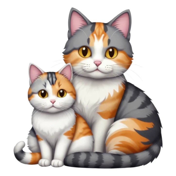 full body colourful light patched calico + white tabby cat cuddling a bigger cat that is dark grey and white tabby cat  sticker