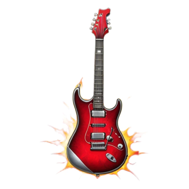 Create a fierce and edgy emoji representing hardcore rock vocal performance in a humanless collage. The design should feature a vintage microphone at the center, Add crossed drumsticks behind the microphone to symbolize the rhythm and power of the drums. surrounded by a menacing, distorted electric guitar with sharp, aggressive angles. Include subtle elements like lightning bolts, flames, or jagged sound waves to evoke the raw energy and intensity of hardcore rock. Use dark, intense colors like black, red, and silver, with a metallic, gritty finish to convey the rebellious, aggressive spirit of the genre. The background should be transparent. sticker