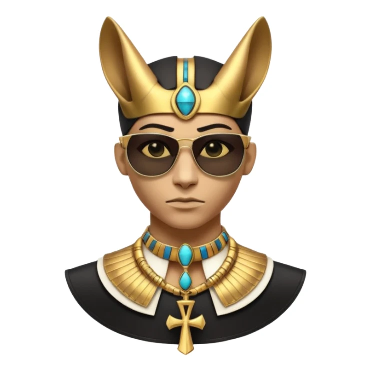3D cartoon horned character portrait, wearing sunglasses, gothic ancient Egyptian style, pharaoh collar, dark gold and black outfit, ankh symbols, Egyptian jewelry, mysterious expression, soft dramatic lighting, centered, clean background, no text, no watermark sticker