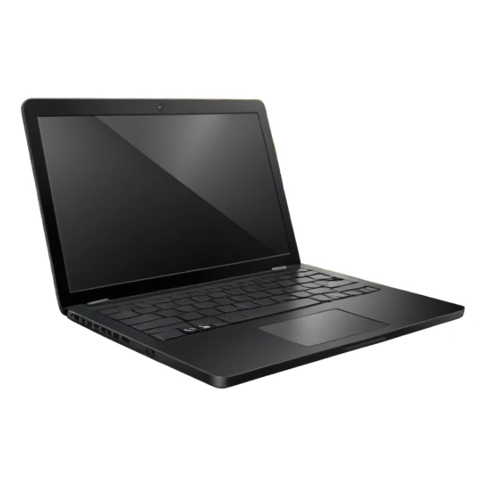 An open laptop in the foreground on the beach. Background shows sea, sun, and a palm tree. No people, no text sticker