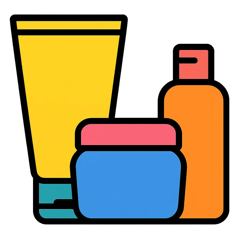 set of three empty cosmetic cream containers, assorted shapes, stylish sticker