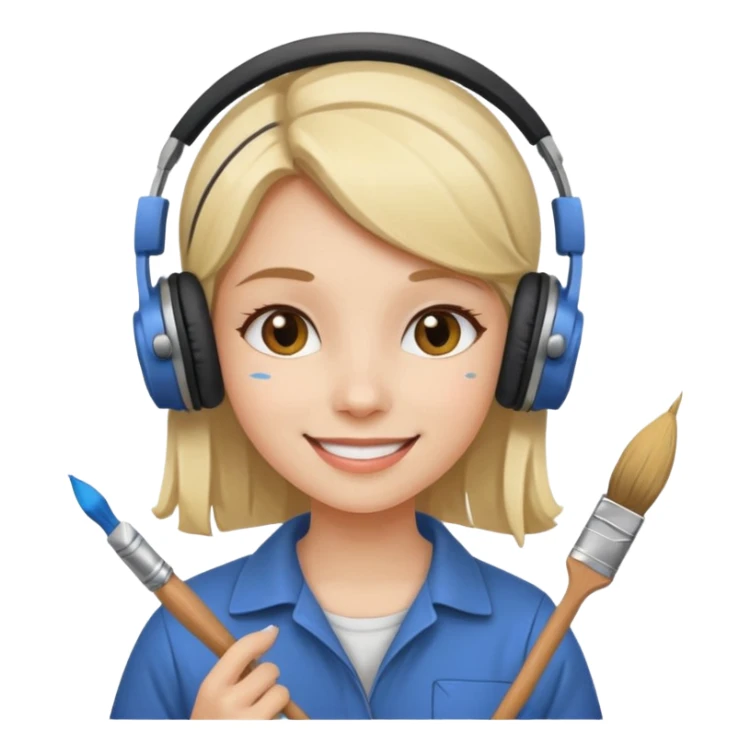 female artist wearing headphone, holding painter sticker