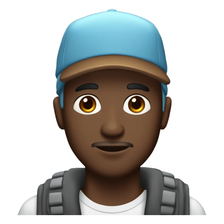 a dark brown skinned and dark brown eyes man with a cap on his head. he has thick lips. the cap is light blue with white capital text on it. the text is wolf sticker