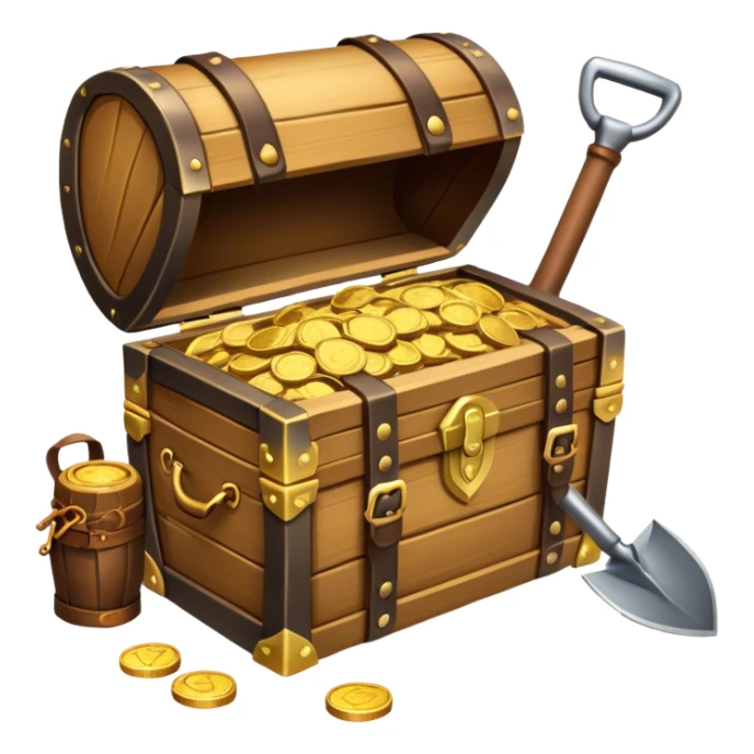 An icon showcasing a treasure chest filled with gold, a treasure map rolled up beside it, a backpack and shovel ready for the next adventure. The design captures the essence of treasure hunting, exploration, and excitement, set on a transparent background to emphasize the thrill of discovery. sticker