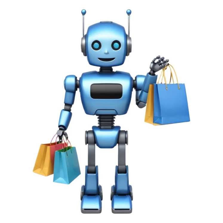 black friday robot with blue and metalic colours with bags in his hands smiling sticker