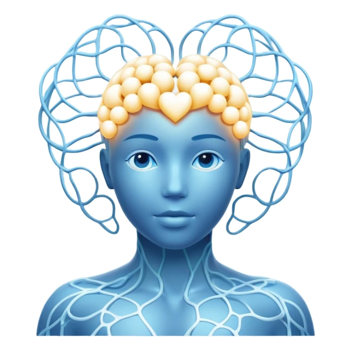 human silhouette with glowing nodes at head and heart, interconnected by flowing lines and floating orbs, soft white-blue light sticker