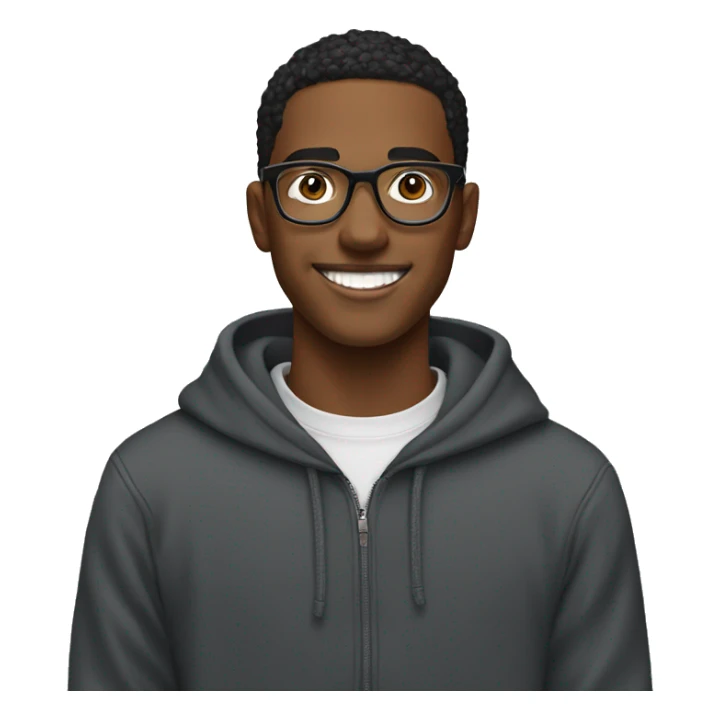 Entrepreneurial 20-year-old boy with black sweatshirt and circular glasses smiling sticker