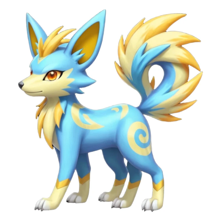 Feral Lightning-patterned Zig-zagged buzzy fuzzy Meloetta-Renamon-Zeraora-Luxray-Cobalion-Suicune-Vernid-fusion-hybrid-creature, full body  sticker