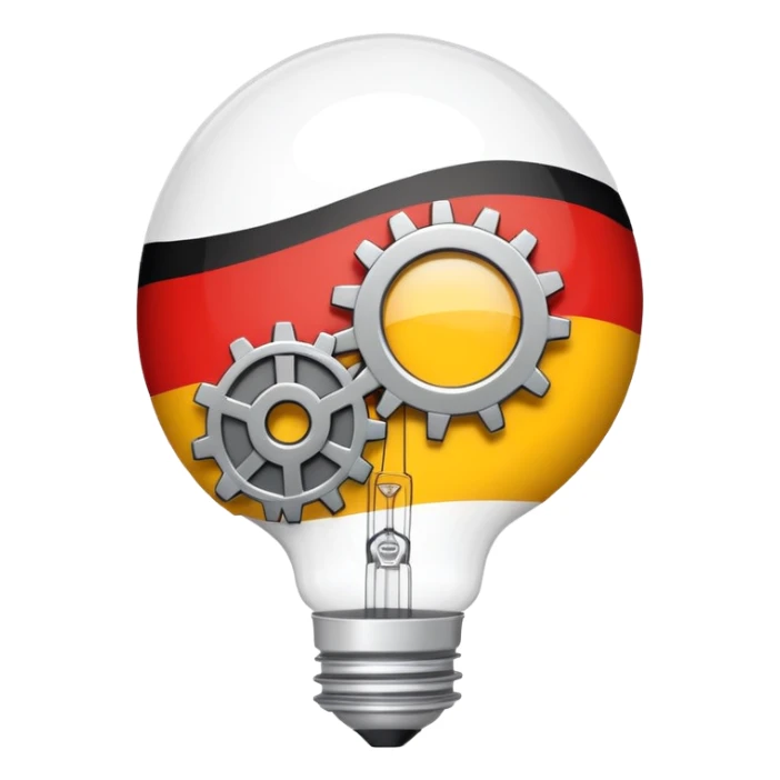 single emoji symbolizing German modernization in the 1970s with gears, lightbulb, and a small German flag, minimal details sticker