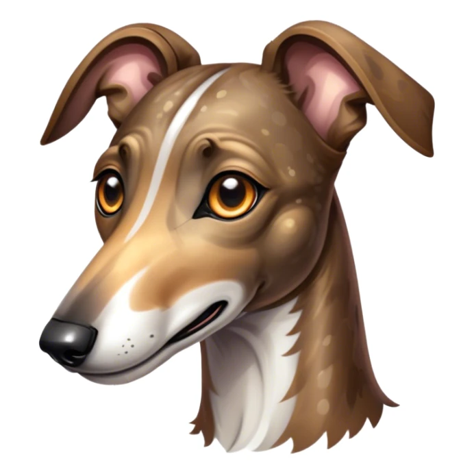 Cinematic Cute Brindle Greyhound Portrait Emoji, Head tilted playfully and inquisitively, featuring a sleek brindle Fur with subtle variations and round, sparkling eyes filled with curiosity, Simplified yet irresistibly adorable features, highly detailed, glowing with a warm, friendly glow, high shine, affectionate and nimble, stylized with a touch of whimsy, bright and endearing, soft glowing outline, capturing the essence of a mischievous yet loving companion, so playful it feels like it could sprint out of the screen and into your arms! sticker