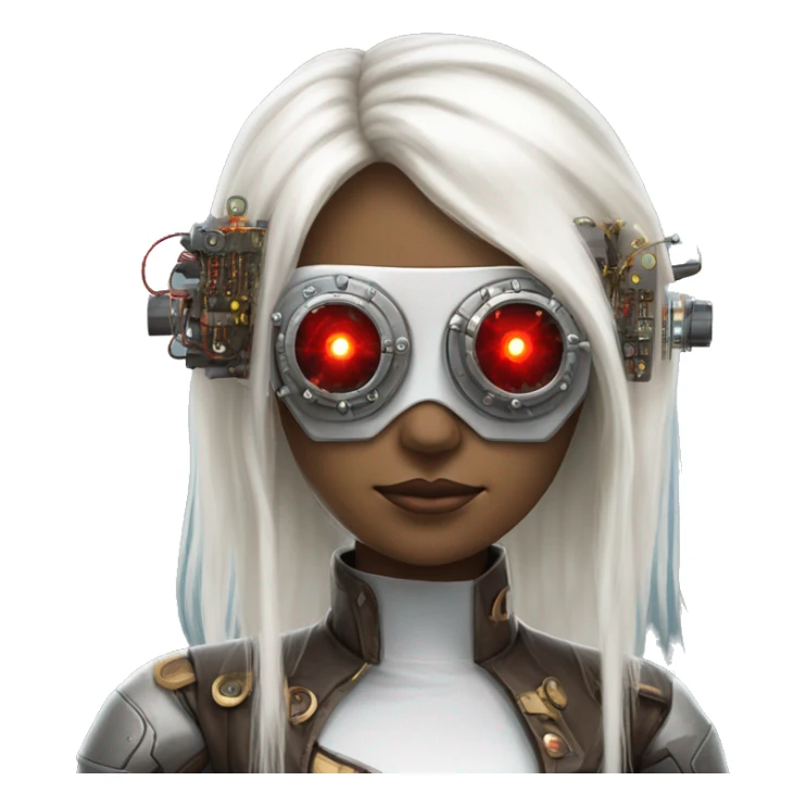 White long hair female cyborg head with red steampunk goggles and circuits sticker