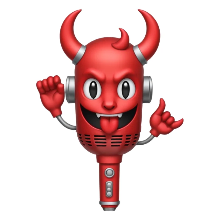 Minimalist emoji-style sticker of a classic retro microphone with small devil horns and a subtle tail wrapping the base. Grayscale with slight red accents.
 sticker