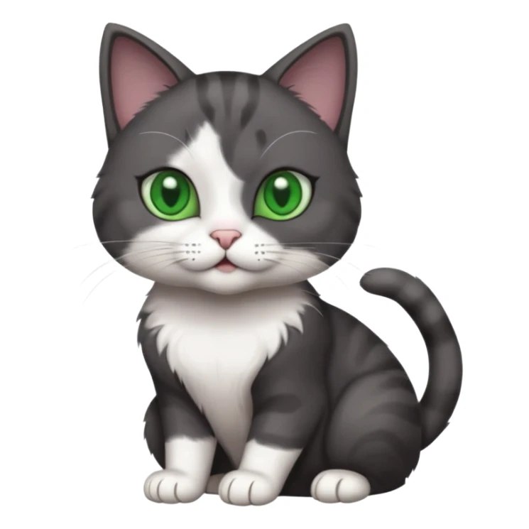 beautiful female solid dark grey cat with green eyes, white toes/paws and white patch on her chest playing sticker