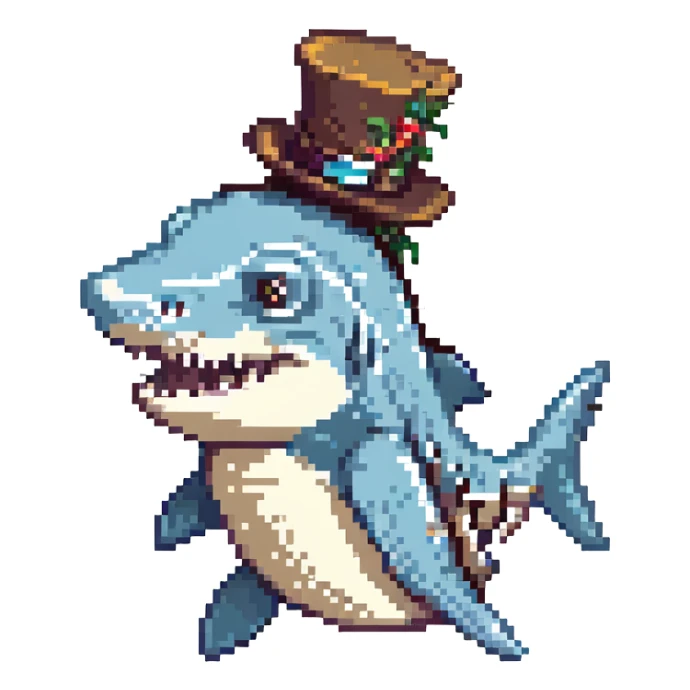 A pixel art style image of a shark wearing a top hat, facing right. sticker