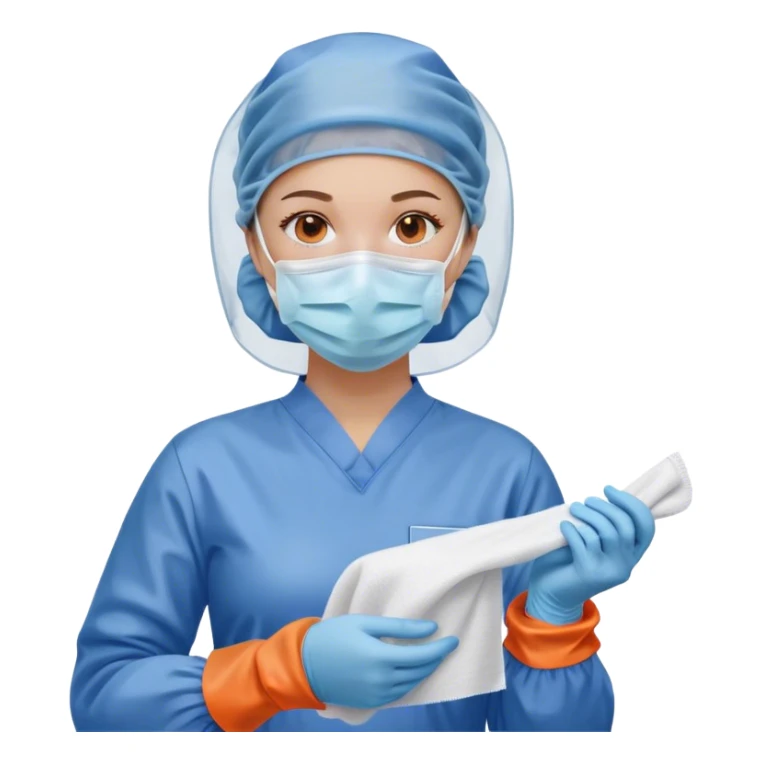 A meticulous cleanroom worker dressed in full protective gear, including a blue sterile suit, a face mask, a hairnet, and orange gloves.  wipe  in her hand. sticker