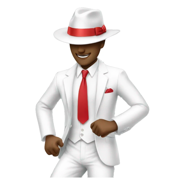 Man dancing samba wearing a panama hat and white suit with a red tie sticker