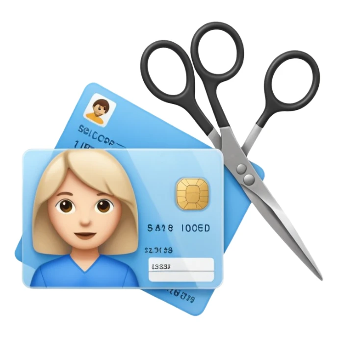 Scissors cutting ID card in 2 parts. Realistic sticker