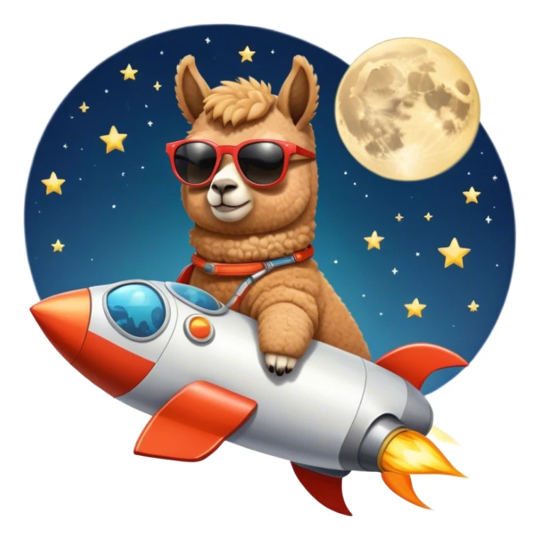 alpaca with sunglasses on rocket ship pointed to the moon sticker