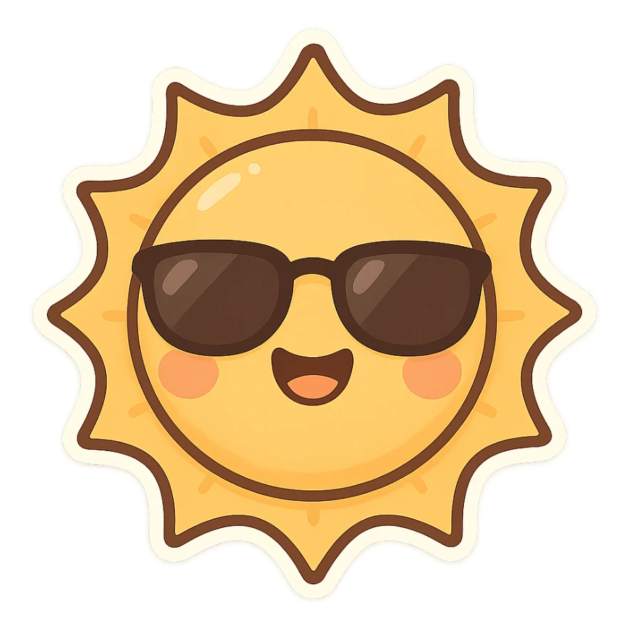 a smiling sun with sunglasses, chibi sticker style sticker