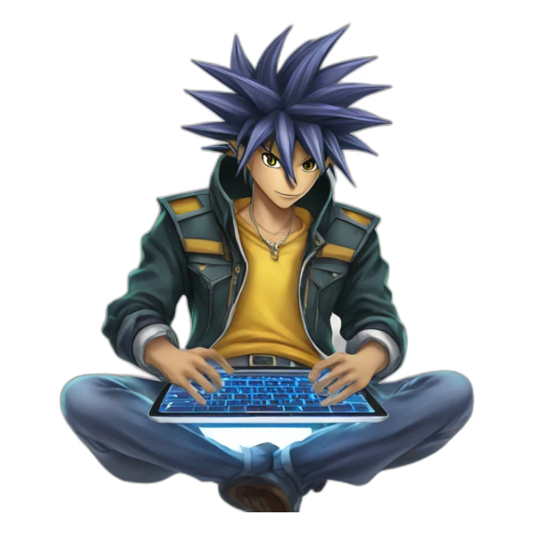 developer behind his laptop with this style :  yu-gi-oh manga anime with hacker themed character sticker