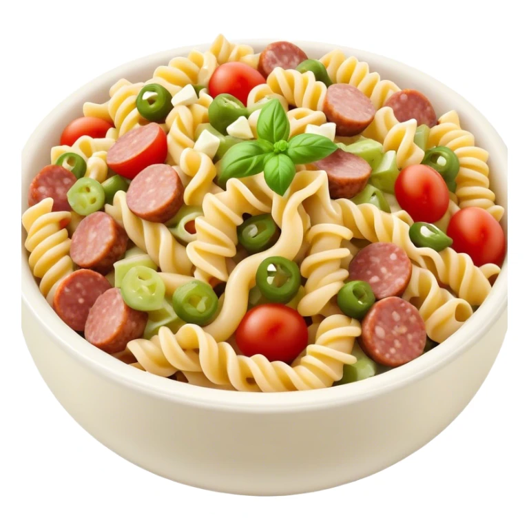 fusilli pasta salad with chopped sausage, chopped gherkins, chopped cocktail tomatoes and mayonnaise tomatoes and mayonnaise  sticker