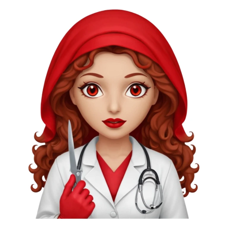 Lilith scalpel in hand, evil surgeon sexy surgeon clothes.  She has red eyes. She brown long curly hair. Wears sexy doctor outfit with red gloves. Wears red burka to hide her mouth and nose sticker