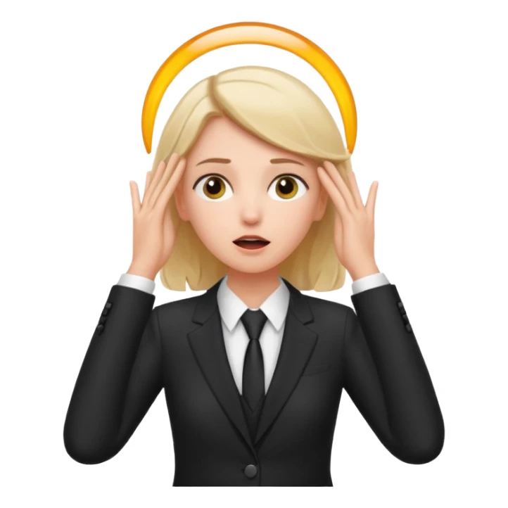 white girl in formal suit surprised, hands on head sticker