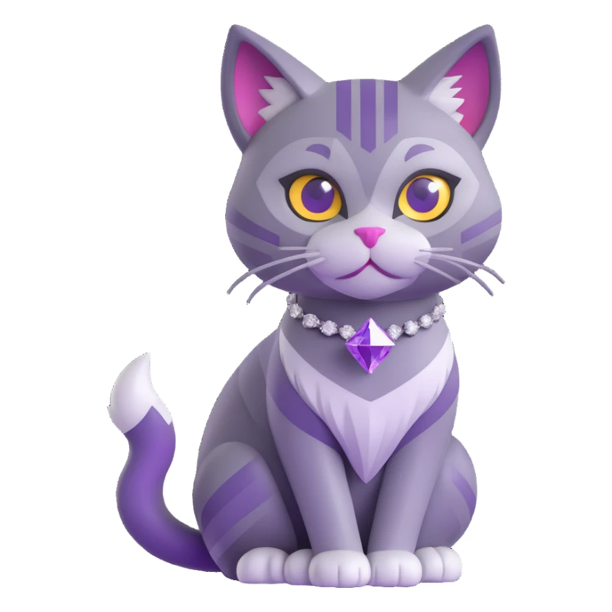sleek and angular cat inspired by the Ethereum logo, gray and purple tones, with a diamond-shaped tail sticker
