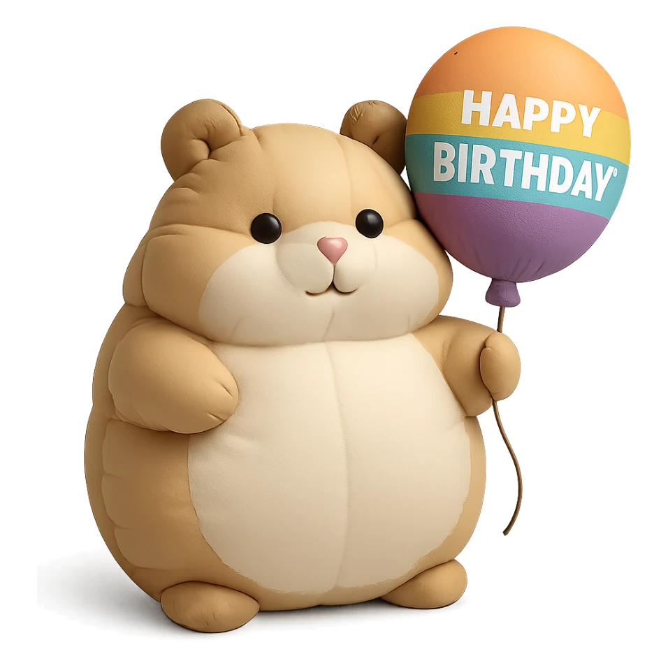 hamster holding a colorful balloon with 'Happy Birthday' text, cushion style sticker