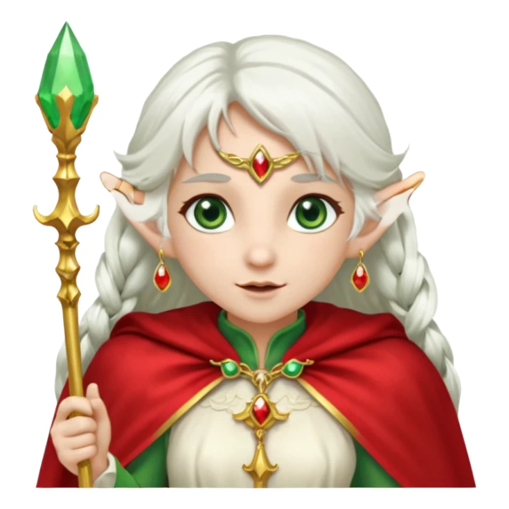 an elf with very white hair and two long PONYTAILS on the side of her head, she has a curtain bang, green eyes, she has a white cape with golden borders and a scepter with a red orb, she has earrings that look like red drops sticker