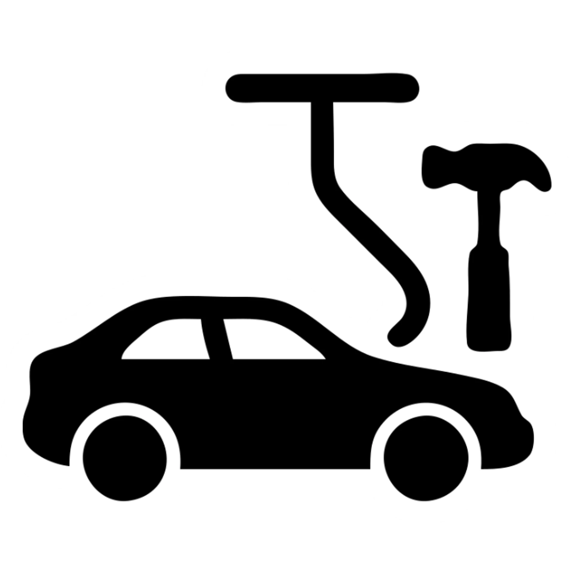 solid filled icon of an elegant car with dent repair tools including a lever and small hammer for Paintless Dent Repair (PDR) sticker